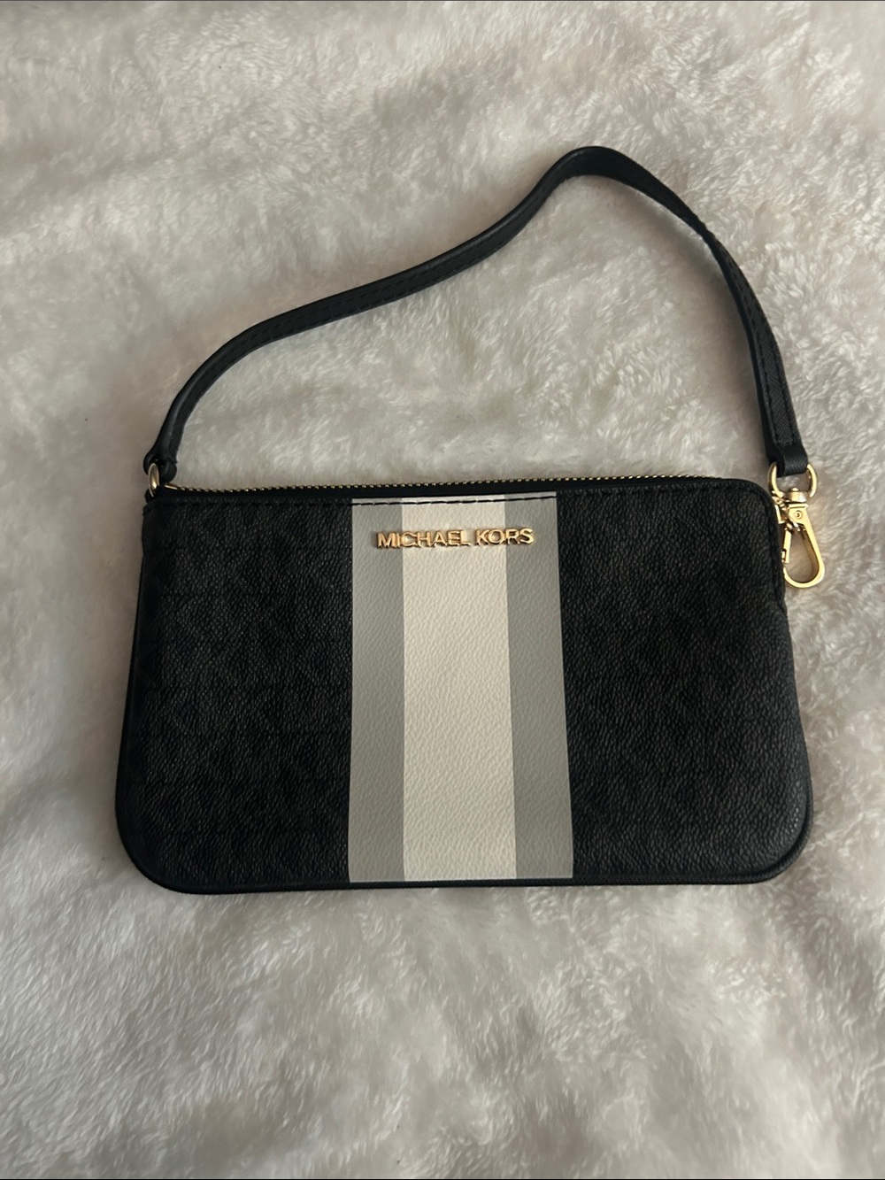 Michael Kors Black Wristlet with White and Gray Center Stripe